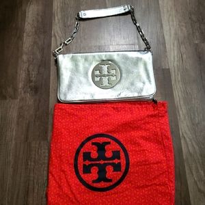 Sold! Tory Burch, silver purse. Folds in half with two zip pockets.